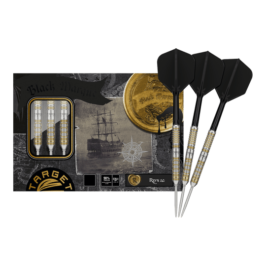 Target Japan Black Marque Reyn GEN2 steel darts Das Bild zeigt die "Target Japan Black Marque Reyn GEN2 Steeldarts" mit ihrer Verpackung. Drei fertige Darts mit schwarzen Flights sind neben der stilvollen Box abgebildet.