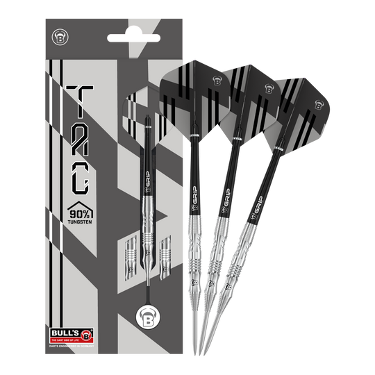 Bulls Tac T1 Steeldarts Das Bild zeigt die Bulls Tac T1 Steeldarts zusammen mit ihrer Verpackung. Die Darts bestehen zu 90% aus Tungsten und haben ein modernes, schwarz-silbernes Design.