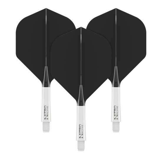 Red Dragon Nitroflite - White Shaft Black No2 Flights Auf dem Bild sind drei schwarze Dartflights mit weißen Schäften zu sehen. Auf den Schäften steht der Schriftzug „NITRO FLITE“.