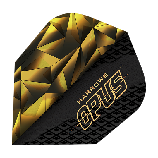 Dies ist ein Bild des Produkts "Harrows Opus Version 1 Flights". Das Flight-Design ist schwarz-golden mit geometrischen Mustern und dem Schriftzug "HARROWS OPUS".