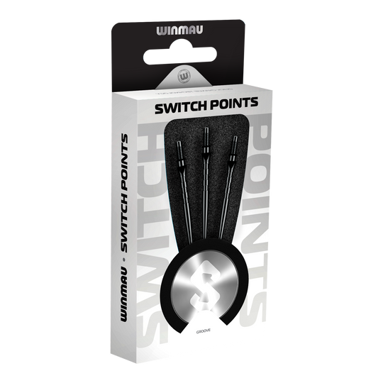 Winmau Switch Point Groove Steel Dart Tips - Black Abgebildet sind Winmau Switch Point Groove Steeldartspitzen in Schwarz. Die Dartspitzen haben Rillen und eine schwarze Farbe.