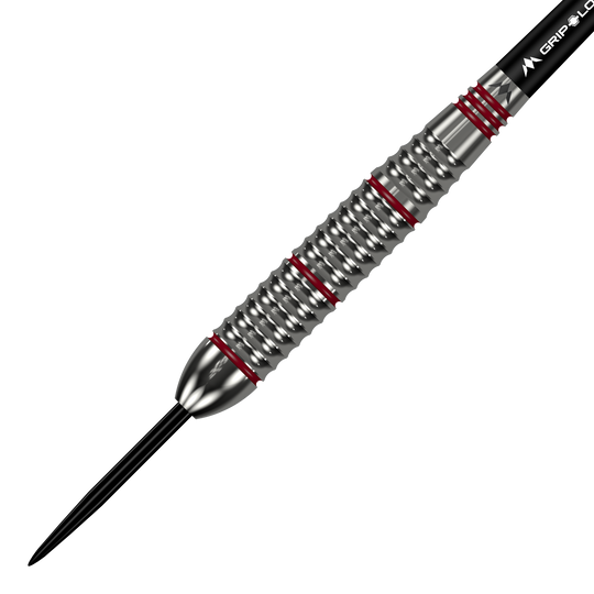 Mission Rogue Brass Steel Darts - 22g Das Bild zeigt einen Mission Rogue Brass Steeldart mit einem Gewicht von 22 Gramm. Der Dartpfeil hat ein silbernes, geriffeltes Barrel mit roten Akzenten.