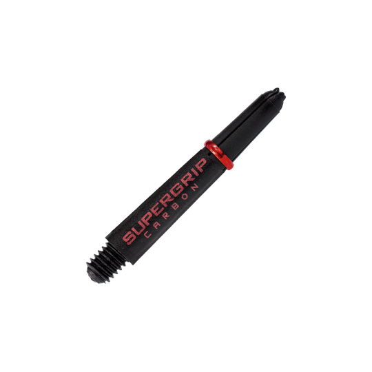 HR357_Harrows_Supergrip_Carbon_Shafts_Rot_33mm_2 Das Bild zeigt einen Harrows Supergrip Carbon Shafts in Rot. Der Schaft ist schwarz mit roter Schrift und einem roten Ring.