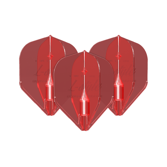 L-Style Fantom L1EZ Flights Red Das Bild zeigt drei rote Dart-Flights des Modells "L-Style Fantom L1EZ". Sie sind aus durchsichtigem Material gefertigt und haben eine klassische Form.