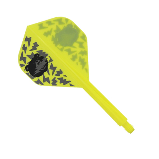 Das Bild zeigt einen gelben Dart-Flight-Shaft mit schwarzen Blitzmustern und einem Bärenkopf-Design. Es handelt sich um das Produkt "Condor Axe Black Bear Miyu Miyawaki Flight-Shaft Yellow - Standard".
