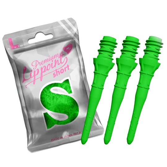 L-Style Premium Lippoints Short (30er Pack) Auf dem Bild ist eine silberne Verpackung mit der Aufschrift „Premium Lippoint short“ zu sehen. Daneben befinden sich drei kurze, neon-grüne Spitzen für Softdartpfeile.