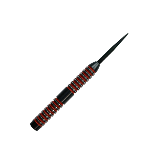McDart Crimson Steeldart Barrels Das Bild zeigt einen McDart Crimson Steeldart Barrel. Der Barrel ist schwarz mit auffälligen roten Ringen und hat ein gerilltes Design für besseren Halt.
