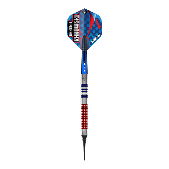 Winmau Garrett Rakowski soft darts - 20g Das Bild zeigt einen Winmau Garrett Rakowski Softdart mit einem Gewicht von 20g. Der Dart hat ein farbenfrohes, modernes Design mit blauen, roten und silbernen Elementen.