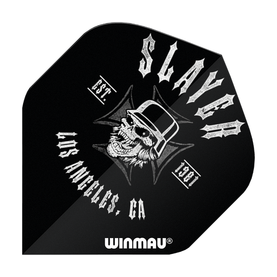 6905-222_Winmau_Rockstar_Legends_Slayer_LA_Standard_Flights_1 Das Bild zeigt ein schwarzes Dartflight mit einem weißen Totenkopf-Design und dem Schriftzug „Slayer“. Unten ist das Winmau-Logo zu sehen.