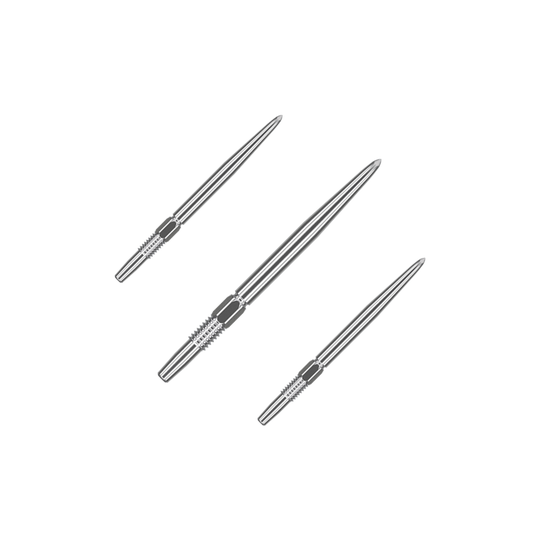 Target Swiss Point Silver dart tips Das Bild zeigt drei silberne Dartspitzen, die nebeneinander liegen. Sie sind lang und schmal mit gerillten Griffbereichen.