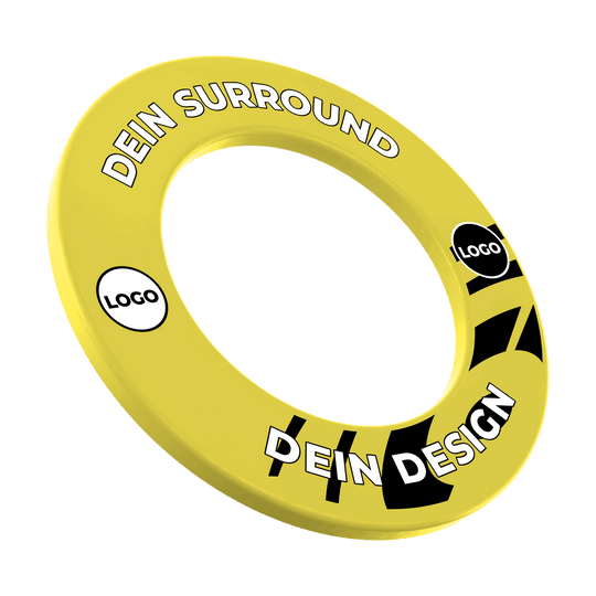 Dartboard surround with your design Das Bild zeigt ein Produkt namens MSF-Gelb_Dartboard_Surround_Wunschdruck_Gelb_1. Es handelt sich um einen gelben Dartboard-Surround mit individuellem Druck.