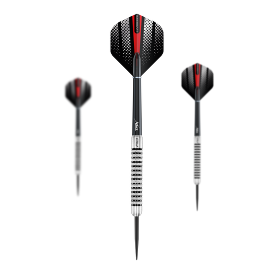 Dieses Bild zeigt die Red Dragon Flightmaster Fury 2 Steeldarts mit 25g Gewicht. Die Steeldarts sind ideal für präzises Dartspiel geeignet.