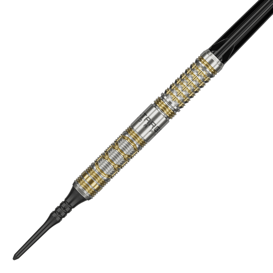 Target Japan Black Marque Reyn GEN2 Soft Darts - 17.5g Das Bild zeigt den Softdart "Target Japan Black Marque Reyn GEN2" mit einem Gewicht von 17,5 g. Der Dartpfeil hat ein silbernes Design mit goldenen Akzenten und einer schwarzen Spitze.