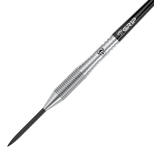 Bulls Martin Schindler TW80 steel darts Das Bild zeigt einen Bulls Martin Schindler TW80 Steeldart. Der Dartpfeil ist silberfarben mit einer geriffelten Griffzone und schwarzem Schaft.