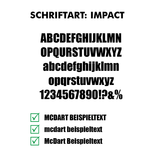 Flightdruck_Schriftart_Impactk7oCrQ5J1jsYv Abbildung eines Schriftmuster-Flights mit dem Namen Impact. Das Motiv ist auf einem typischen Dartflight sichtbar.
