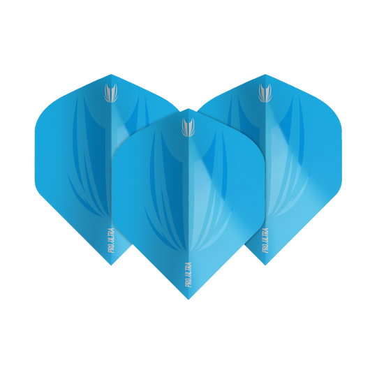 Das Bild zeigt drei blaue Target ProUltra ID No2 Standard Flights. Sie haben ein modernes Design mit einem hellen und dunkleren Blauton sowie weißem Logo und Schriftzug.