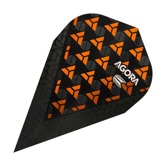 Das Bild zeigt einen Target Agora Ghost Orange Vapor Flight für Darts. Das Flight ist schwarz mit auffälligen orangefarbenen Mustern und dem Aufdruck „AGORA“.