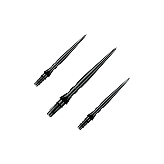 Winmau Switch Point Groove Steel Dart Tips - Black Auf dem Bild ist ein Set aus schwarzen Winmau Switch Point Groove Steeldartspitzen mit 26 mm Länge zu sehen. Diese Ersatzspitzen sind speziell für Steeldarts gedacht.