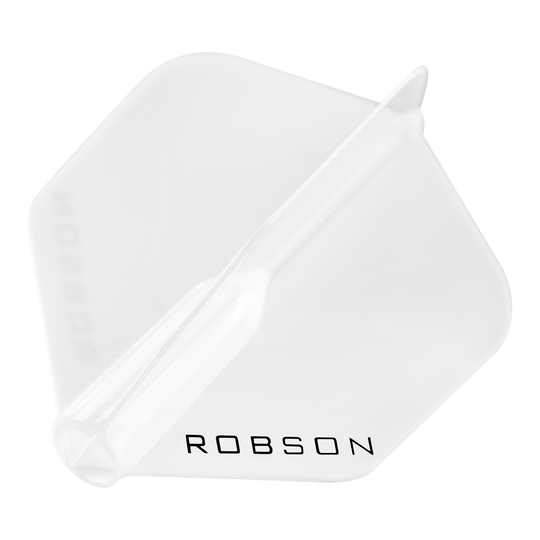 Robson Plus Standard Flights Das Bild zeigt einen transparenten Dartflight mit der Aufschrift "ROBSON". Der Flight hat eine standardmäßige, sechseckige Form.