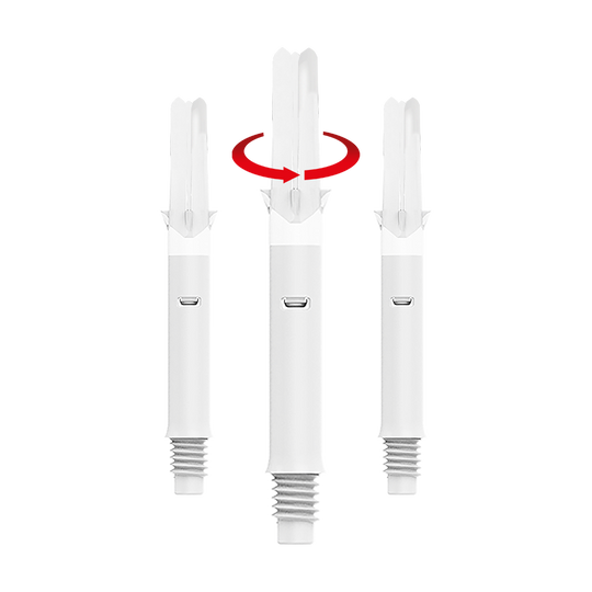 L-L-Style-Shafts Silent Straight - White Das Bild zeigt drei weiße Dartschäfte ohne Kappen in unterschiedlicher Länge. Über dem mittleren Schaft ist ein roter Pfeil, der auf eine Drehbewegung hinweist.