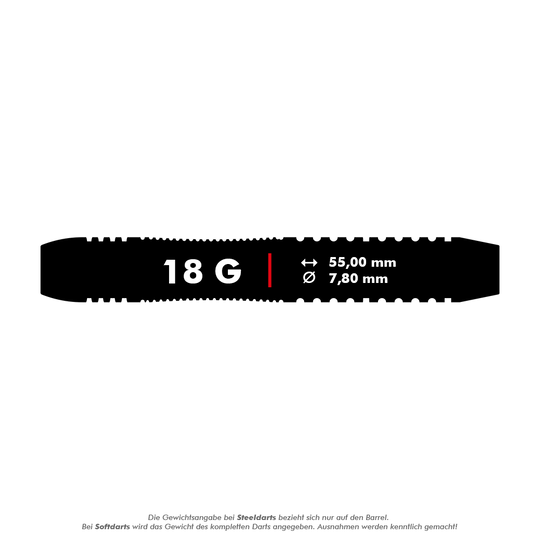 Das Bild zeigt die technischen Daten des Produkts "Target Rob Cross Brass Softdarts - 18g". Der Dart wiegt 18 Gramm, ist 55,00 mm lang und hat einen Durchmesser von 7,80 mm.