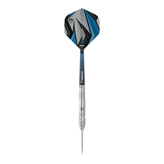 Bulls Stone S1 Steeldarts Das Bild zeigt einen Steeldart der Marke Bulls, Modell Stone S1. Der Dart hat eine silberne Spitze und Schaft sowie ein Flight mit blau-schwarzem Muster.