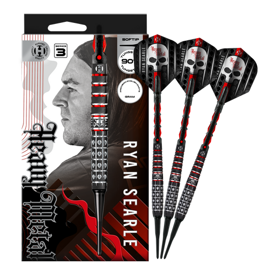 Harrow's Ryan Searle Series 3 soft darts Das Foto zeigt Harrows Ryan Searle Series 3 Softdarts in voller Ansicht. Der Artikel ist für Softdart-Spiele gedacht.