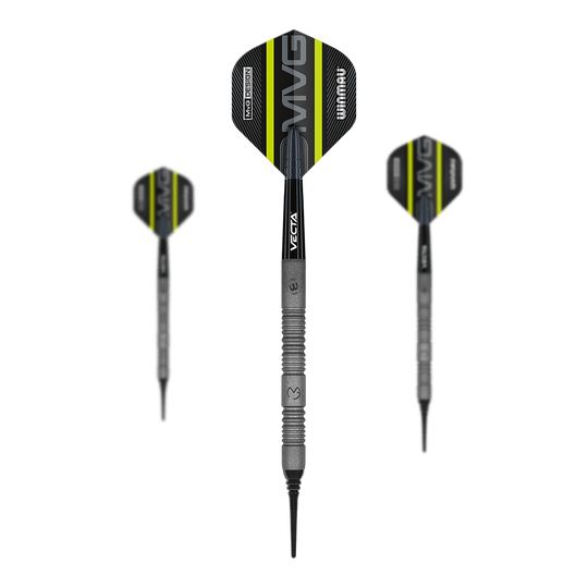 Winmau Michael Van Gerwen Exact Softdarts Das Bild zeigt drei Winmau Michael Van Gerwen Exact Softdarts. Die Darts haben schwarze Flights mit gelben und weißen Akzenten sowie einem silbernen, geriffelten Schaft.