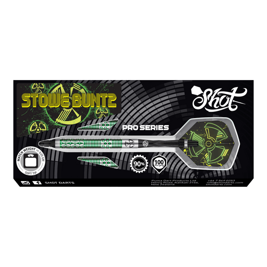 Shot Pro-Series Stowe Buntz 2 soft darts - 21g Das Bild zeigt die Verpackung der "Shot Pro-Series Stowe Buntz 2 Softdarts - 21g". Auf der Verpackung sind die Dartpfeile mit grünem und schwarzem Design sowie das Shot-Logo abgebildet.