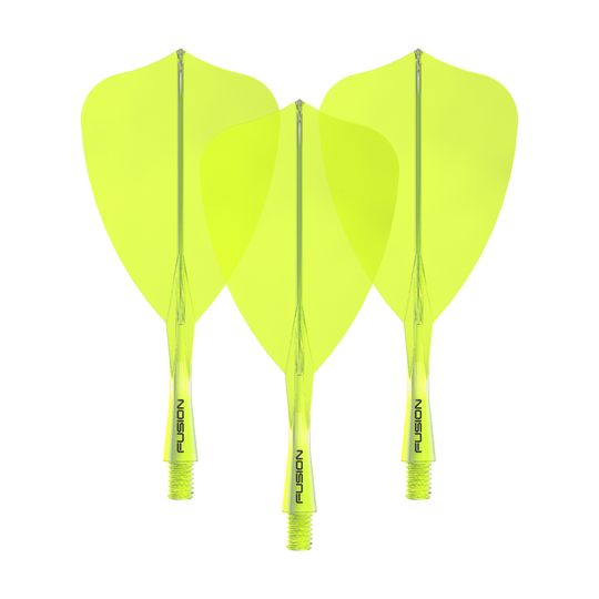 Winmau Fusion Flight Shaft System Arrow Neon Yellow Das Winmau Fusion Flight Shaft System Arrow Neon Yellow 22mm Set ist auf dem Bild zu sehen. Es besteht aus gelben Dart-Flights und -Schäften.