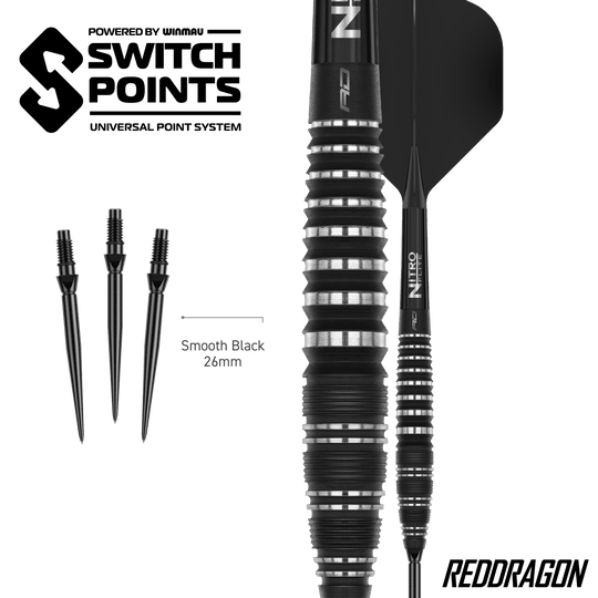 Red Dragon Sable Bomb Switch Point Steel Darts Zu sehen sind die Red Dragon Sable Bomb Switch Point Steeldarts. Die Darts sind robust und für präzises Spiel konzipiert.
