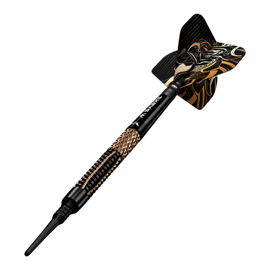 Mission Horus Softdarts - 19g Das Bild zeigt einen Mission Horus Softdart mit einem Gewicht von 19 Gramm. Der Dart hat ein auffälliges schwarzes und goldenes Design.