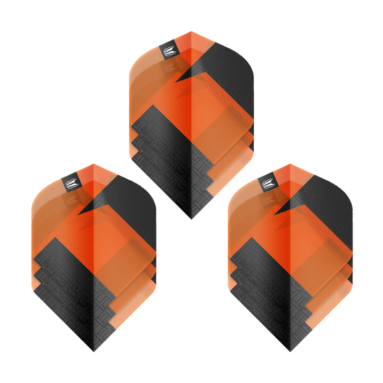 Target Pro Ultra TAG Orange No2 Standard Flights - 3 sets Das Bild zeigt drei Sets der Target Pro Ultra TAG Orange No2 Standard Flights. Die Flights sind in den Farben Orange und Schwarz gestaltet und haben ein geometrisches Muster.