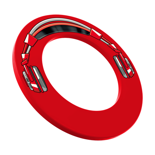 Das Bild illustriert ein Produkt namens MSF-J1_McDart_Stereo_Dartboard_Surround_Rot_1. Es steht im Mittelpunkt des Bildes vor neutralem Hintergrund.