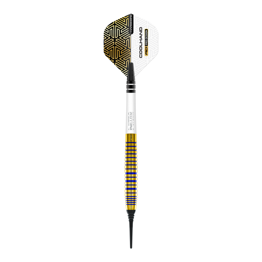 Red Dragon Luke Humphries TX3 Gold SE Softdarts - 20g Das Bild zeigt einen Red Dragon Luke Humphries TX3 Gold SE Softdart mit einem Gewicht von 20g. Der Dart hat ein auffälliges Design mit goldenen und schwarzen Akzenten und einer weißen Flight.