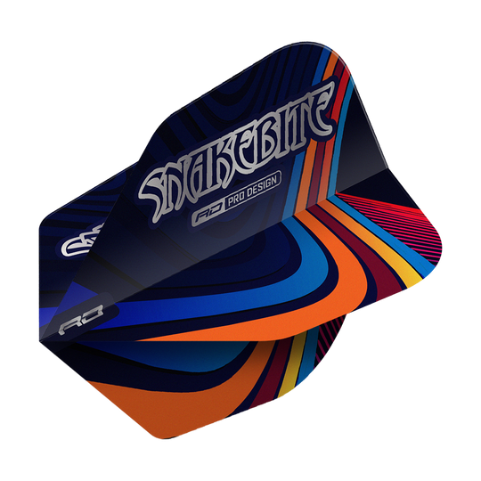 Das Bild zeigt ein Dartflight mit dem Namen "Red Dragon Peter Wright Snakebite Multi Swirl No6 Flights". Das Flight-Design ist bunt mit geschwungenen Linien in Blau, Orange, Rot und Gelb, und trägt die Aufschrift "Snakebite".