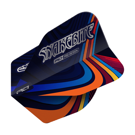Red Dragon Peter Wright Snakebite Multi Swirl No6 Flights Das Bild zeigt ein Dartflight mit dem Namen "Red Dragon Peter Wright Snakebite Multi Swirl No6 Flights". Das Flight-Design ist bunt mit geschwungenen Linien in Blau, Orange, Rot und Gelb, und trägt die Aufschrift "Snakebite".