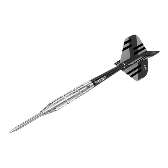 Bulls Tac T3 Steeldarts Das Bild zeigt den Bulls Tac T3 Steeldart. Der Dartpfeil hat eine silberne Spitze und einen schwarz-silbernen Schaft mit Flights.