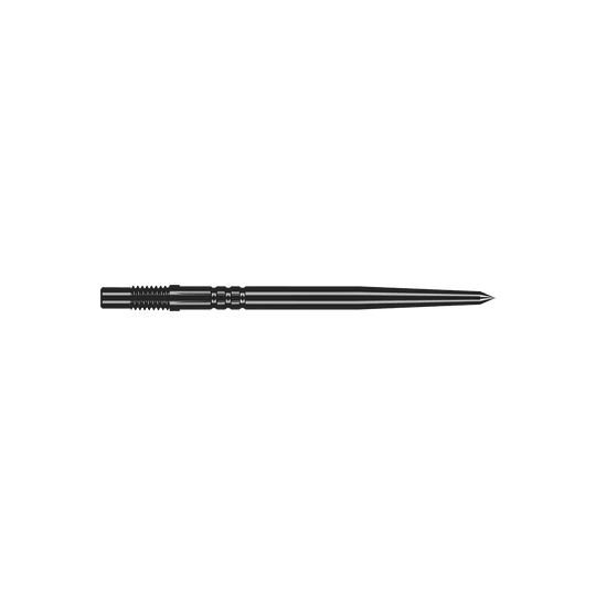 Shot Turbo Point Dart Tips - Black Ein Paar schwarze Turbo-Dartspitzen mit glatter Oberfläche ist abgebildet. Die Spitzen sind gerade und fein gearbeitet.