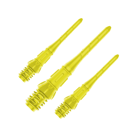 Premium Lippoints (30er Pack) - Spitzen Das Bild zeigt drei gelbe Dartspitzen, die nebeneinander angeordnet sind. Sie haben ein glänzendes, glattes Design und wirken hochwertig verarbeitet.