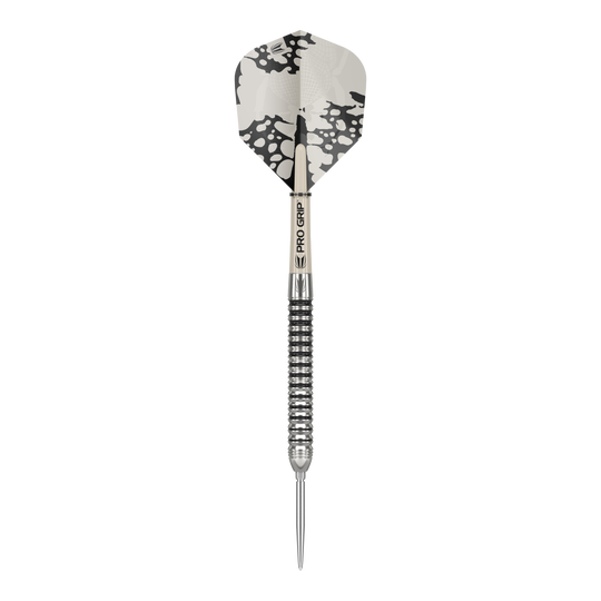 Target EXO SP01 Swiss Point steel darts Das Bild zeigt einen Target EXO SP01 Swiss Point Steeldart. Der Dartpfeil hat ein schwarz-silbernes Design mit einer auffälligen schwarz-weißen Flight.