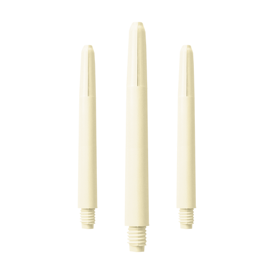 578_Nylon_Shafts_Naturweiss_48mm_1 Das Bild zeigt drei naturweiße Nylon-Schäfte für Dartpfeile. Sie sind in unterschiedlicher Länge dargestellt und haben ein Schraubgewinde am unteren Ende.