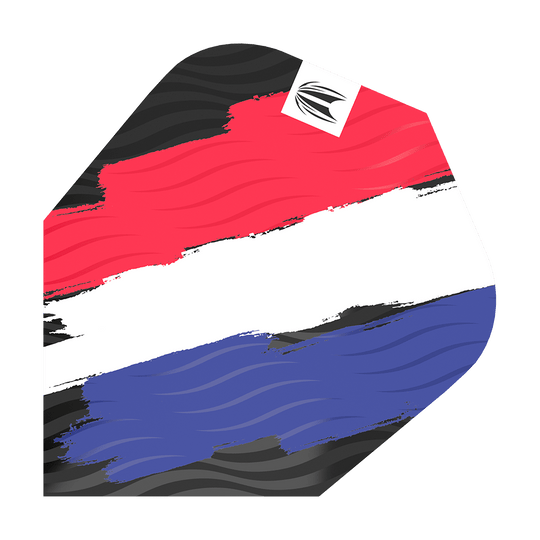 TG67_335790_Target_ProUltra_Flag_Holland_Ten-X_Flights_1lqr2WK4JXg24I Das Bild zeigt ein Dart-Flight mit den Farben der niederländischen Flagge in einem Pinselstrich-Design. Oben rechts befindet sich ein kleines weißes Quadrat mit einem schwarzen Logo.