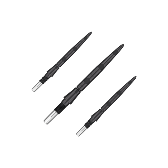 Auf dem Bild sind drei schwarze Dartspitzen mit silbernen Enden zu sehen. Sie sind in einem Set angeordnet und haben eine strukturierte Oberfläche.