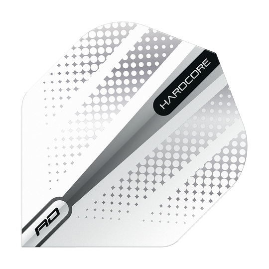 Das Bild zeigt einen Red Dragon Hardcore Radical Silver Flash Standard Flight für Darts. Das Design ist überwiegend weiß mit silbernen und grauen Punkten sowie den Aufschriften "HARDCORE" und "RD".