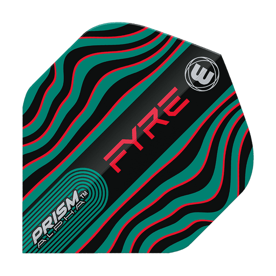 Dieses Bild zeigt das Produkt "Winmau Prism Alpha Fyre BlackTurquoiseRed Standard Flights". Das Flight-Design ist schwarz mit wellenförmigen türkisfarbenen und roten Linien sowie auffälligen Schriftzügen.