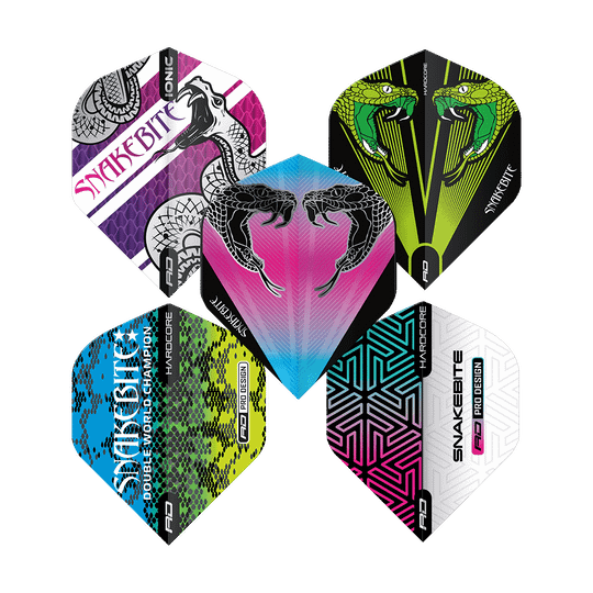 Das Bild zeigt fünf bunte Dart-Flights mit verschiedenen Schlangen- und Musterdesigns aus der Produktreihe „Red Dragon Peter Wright 1 Flight Card“. Jeder Flight hat ein einzigartiges Farbmuster und auffällige Grafiken.