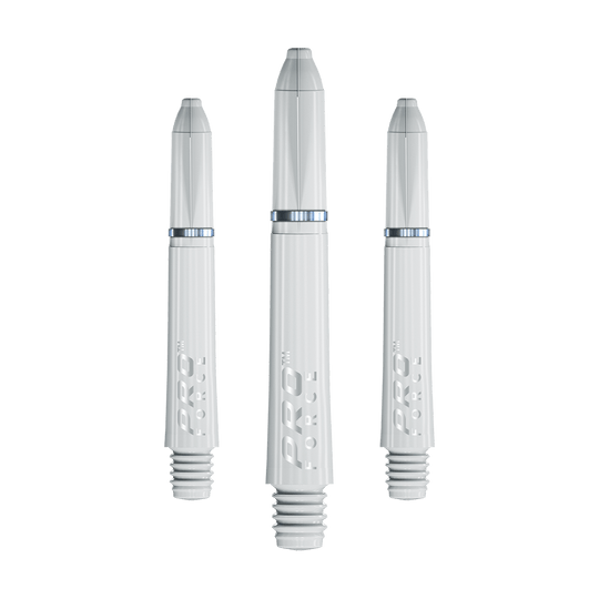 7011_102_Winmau_Pro-Force_Shafts_Weiss_35mm_1OkkvD74Ao3LmW Das Bild zeigt drei weiße Winmau Pro-Force Shafts für Dartpfeile. Die Shafts sind in unterschiedlichen Längen abgebildet und haben die Aufschrift "PRO FORCE".