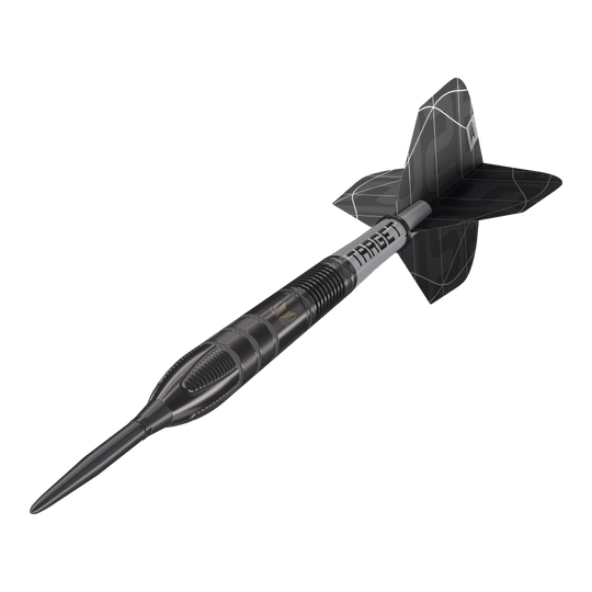 Target Nathan Aspinall X Echo Swiss Point steel darts Das Bild zeigt einen Target Nathan Aspinall X Echo Swiss Point Steeldart. Der Dartpfeil ist schwarz-silbern und hat ein modernes, auffälliges Design.