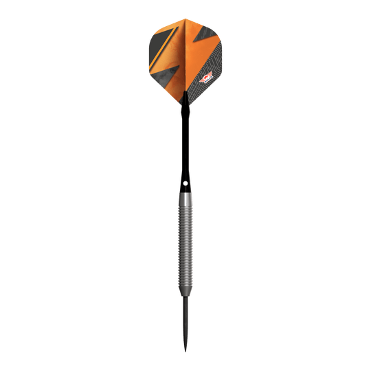 Das Bild zeigt den Steeldart "Bulls NL Lightning Orange" mit einer auffälligen orangenen und schwarzen Flight. Der Schaft ist silberfarben und geriffelt, während die Dartspitze schwarz ist.